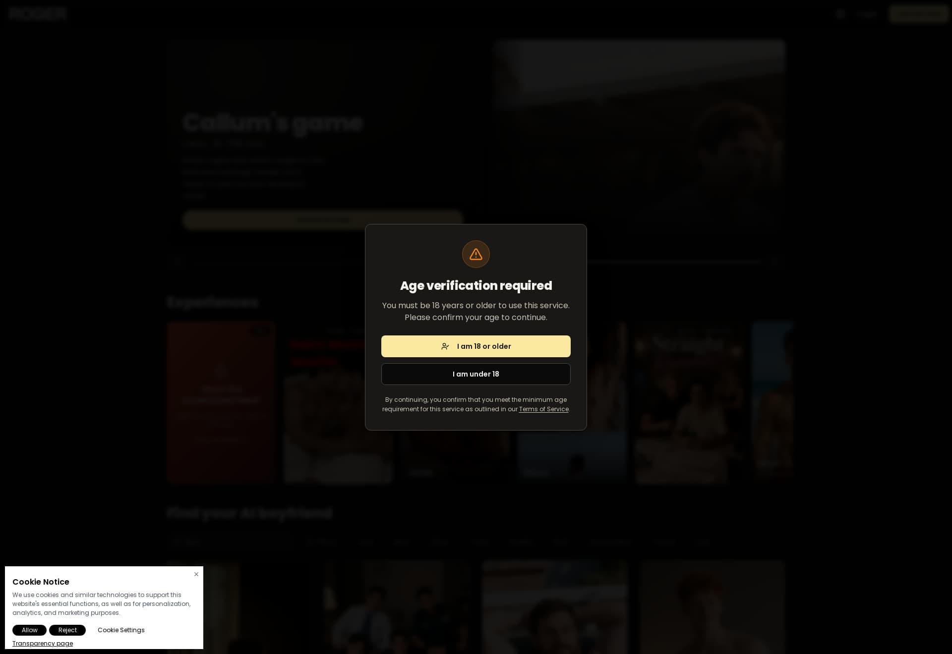 Roger homepage, as it appears to a new visitor